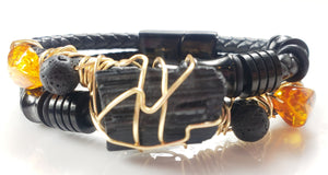 Black Tourmaline & Amber Leather Bracelet-One of a kind crystal jewelry