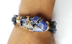 Sodalite leather bracelet with mini black crystals~One of a kind jewelry