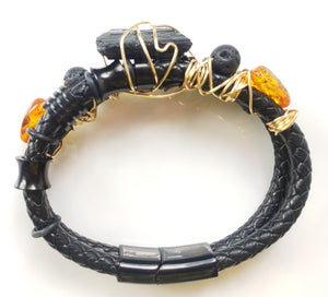 Black Tourmaline & Amber Leather Bracelet-One of a kind crystal jewelry