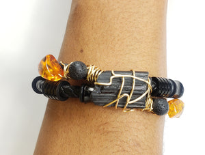 Black Tourmaline & Amber Leather Bracelet-One of a kind crystal jewelry