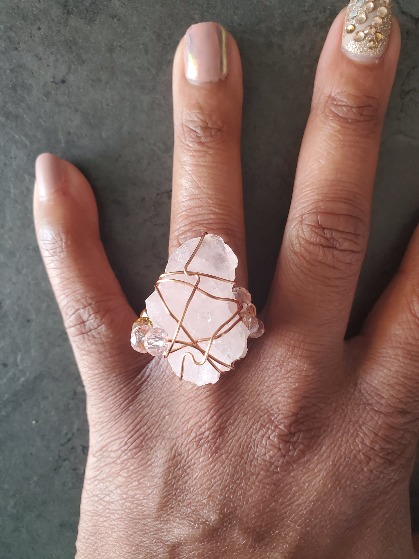 Crystal Cluster Rose Quartz Galaxy Ring-One of a kind raw crystal jewelry