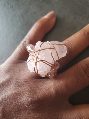 Crystal Cluster Rose Quartz Galaxy Ring-One of a kind raw crystal jewelry