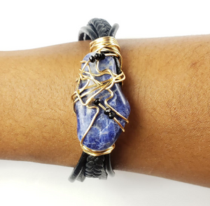 Sodalite leather bracelet with mini black crystals~One of a kind jewelry