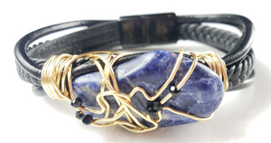 Sodalite leather bracelet with mini black crystals~One of a kind jewelry