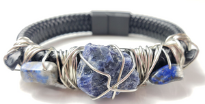 Sodalite and Black Tourmaline leather bracelet ~One of a kind jewelry