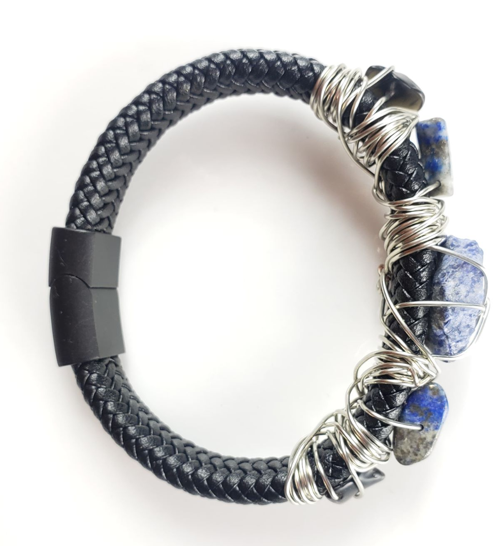 Sodalite and Black Tourmaline leather bracelet ~One of a kind jewelry